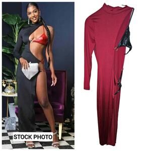 K TOO Sexy Cutout Wet Look Asymmetric Red Maxi Dress Size Large(382)